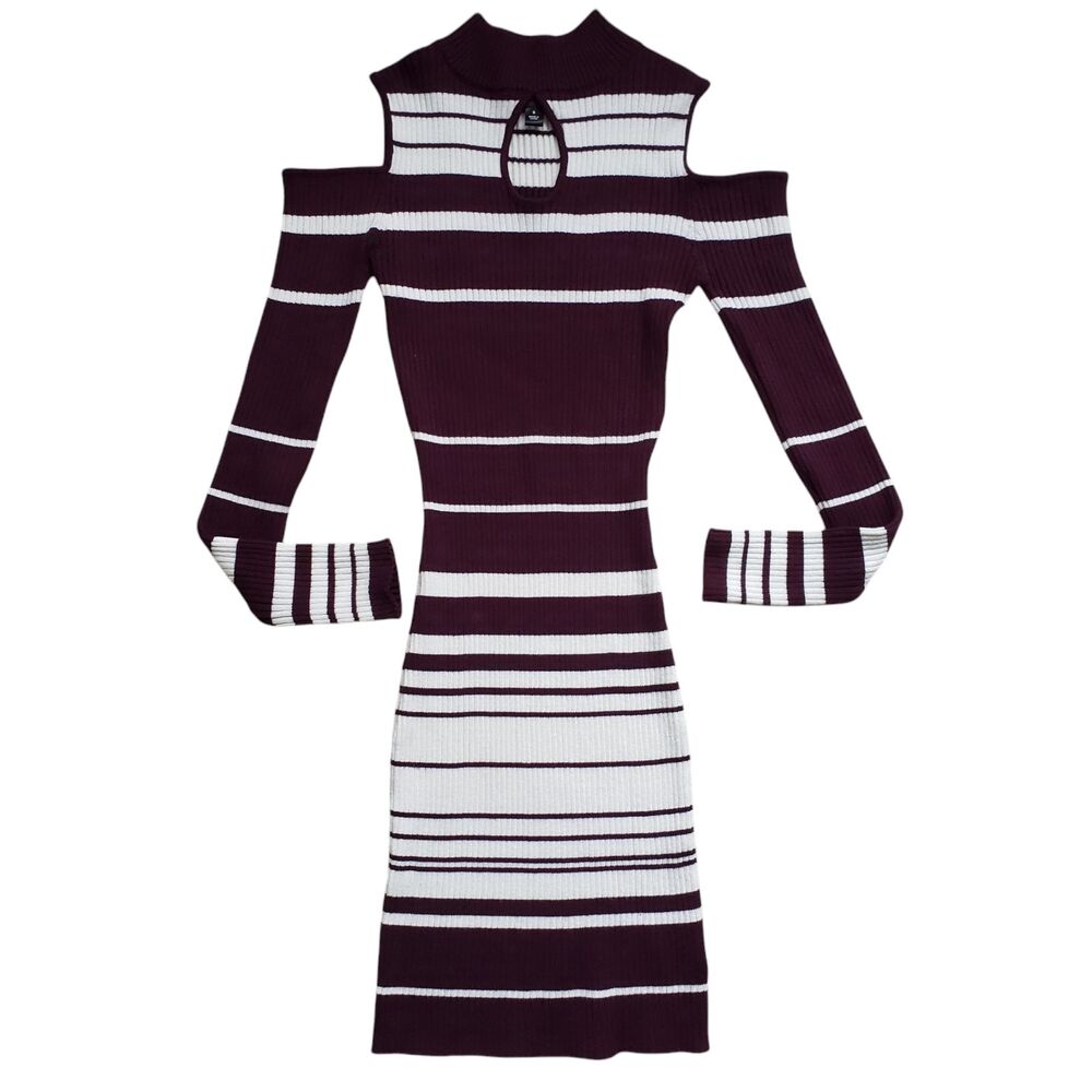 Say What Striped Dress Womens Small Burgundy Long Sleeve Ribbed Bodycon Y2K - Picture 6 of 10